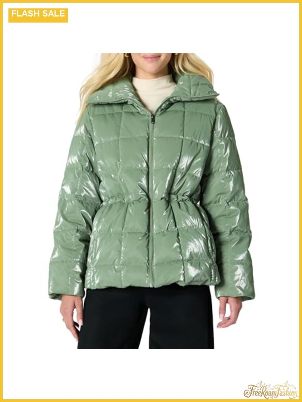 Oversized Square Quilted Puffer Jacket Zip Front Side Pockets Adjustable Waist